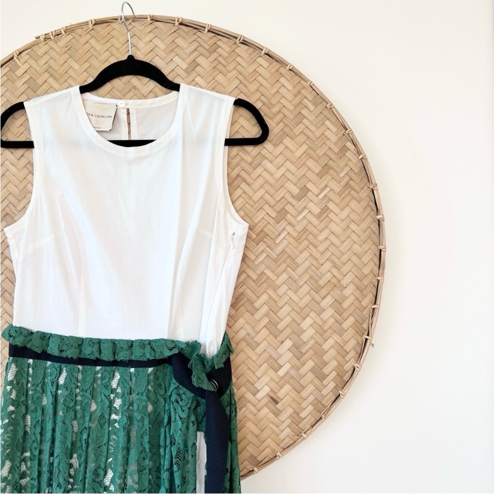GORGEOUS ERIKA CAVALLINI WHITE DRESS W/ GREEN LACE OVERLAY - MADE IN ITALY‎ -EUC - Picture 12 of 16